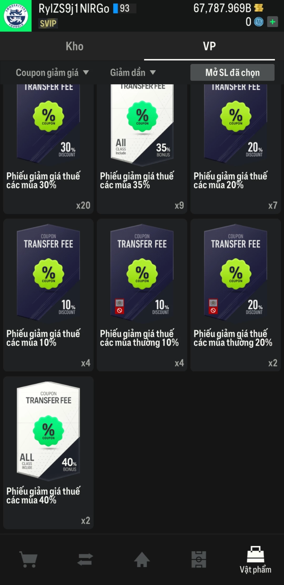 Ảnh ACC mở thẻ (LOẠI SVIP PROMAX) bao gồm 1 gói thẻ +12, thẻ PRIME và 1000+ thẻ cầu thủ từ Siêu sao đến Miền núi các loại. Có sẵn BP trắng trong acc từ 57.000 tỷ BP đến 67.000 tỷ BP, kèm theo nhiều ngày SVIP